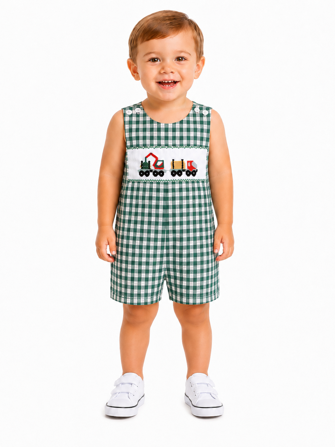 Boy's Plaid Construction Smock Jumpsuit