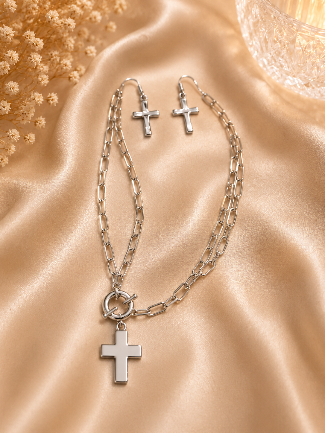 Cross Chain Necklace + Earring Set - Silver