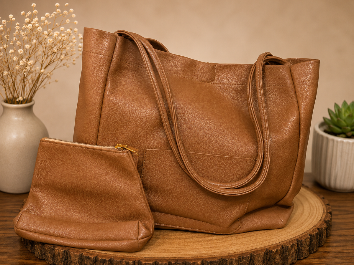 Medium Brown Leather Tote Bag Set