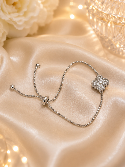 Crystal Clover Adjustable Bracelet – Silver