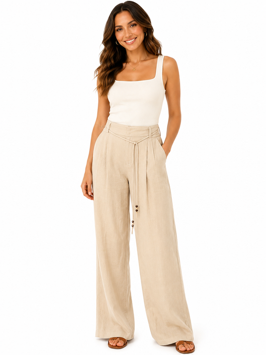 Khaki Linen Pants with Tie