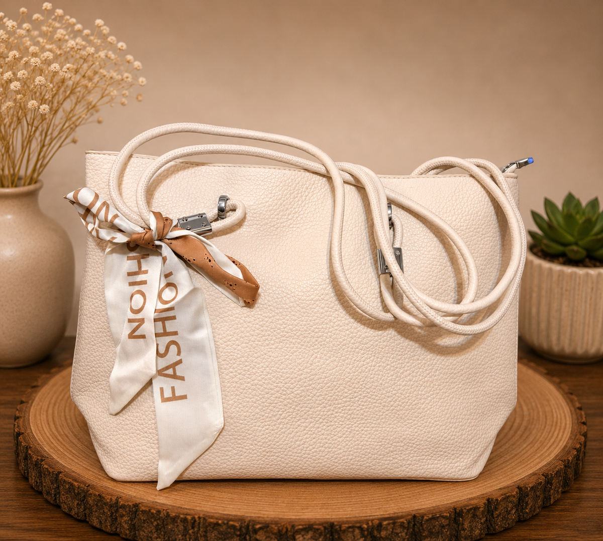 Cream Leather Tote Bag