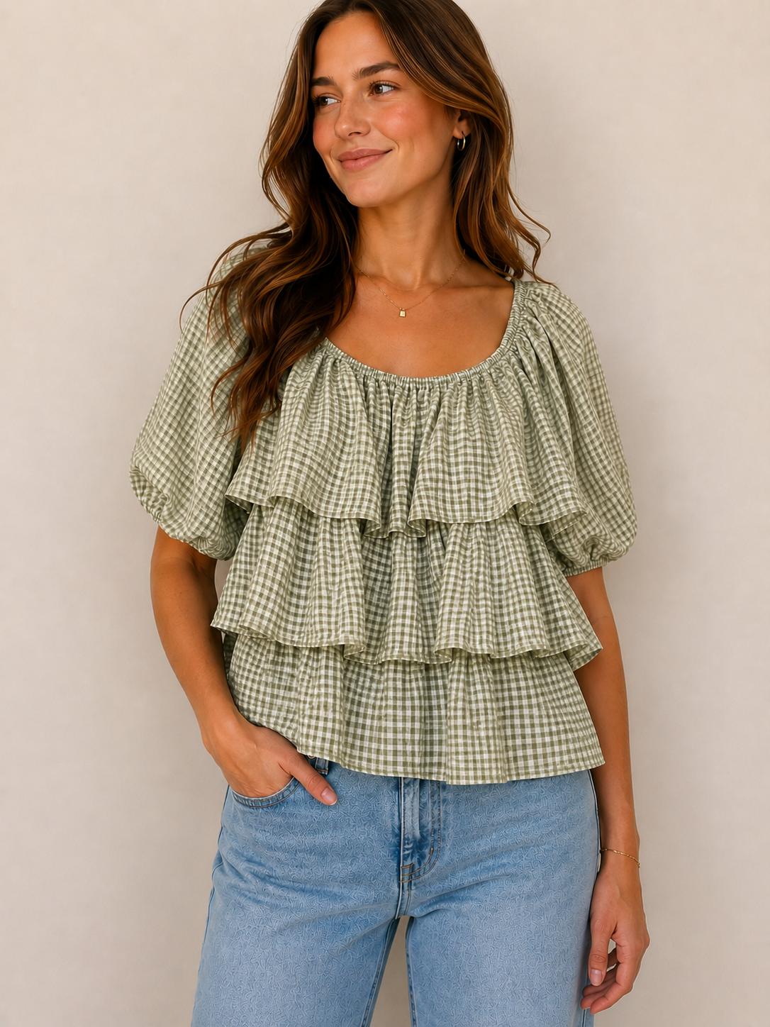 Green Gingham Off-The-Shoulder Blouse