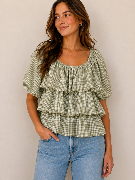Green Gingham Off-The-Shoulder Blouse