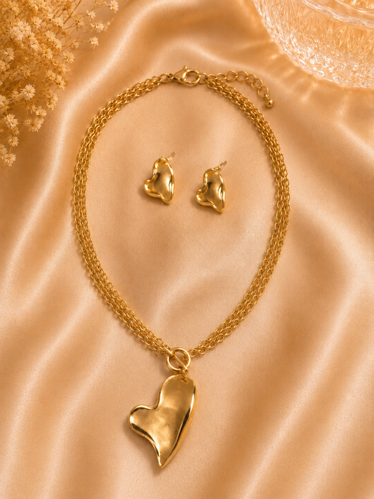 Golden Heart Necklace & Earrings Set