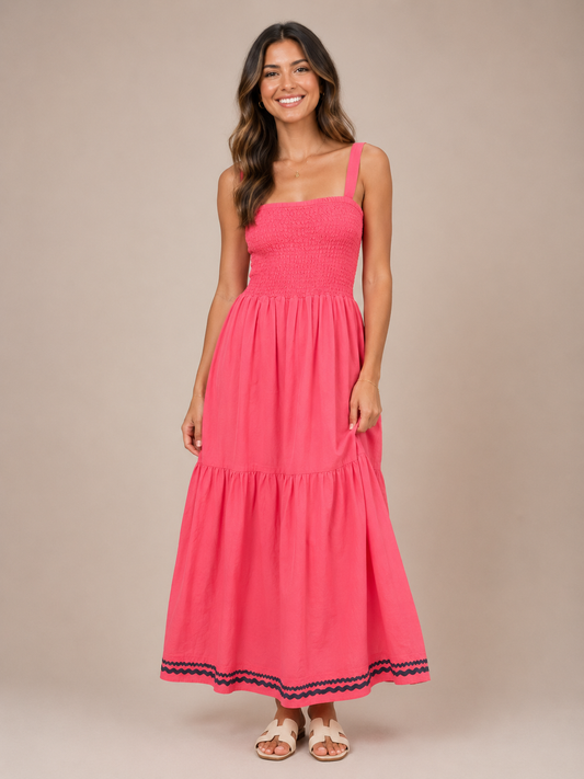 Coral Sundress with Navy Blue detail