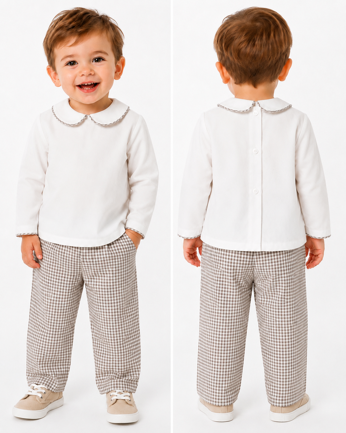 Boy's Linen Long Tan Plaid Outfit