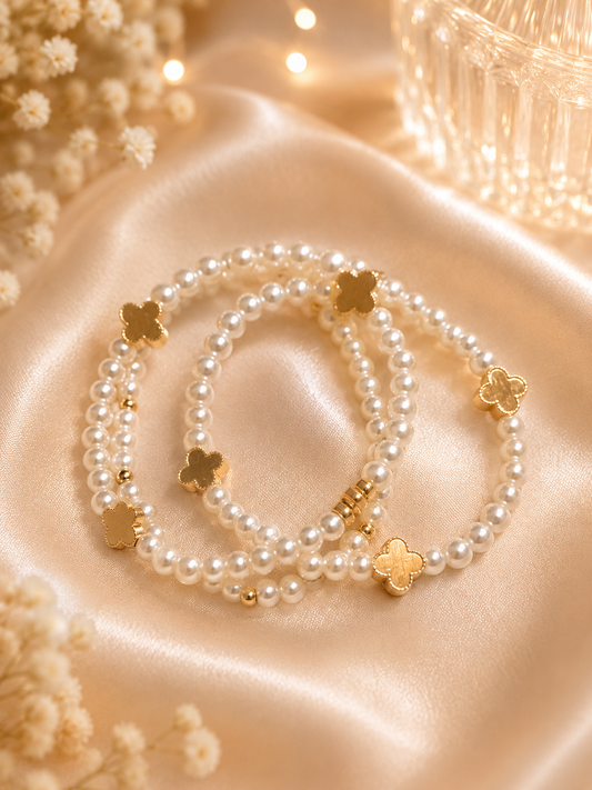 Pearl and Clover Necklace - Gold