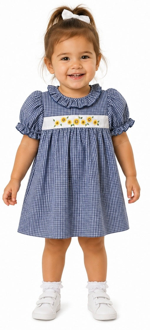Blue Gingham Dress with Sunflowers