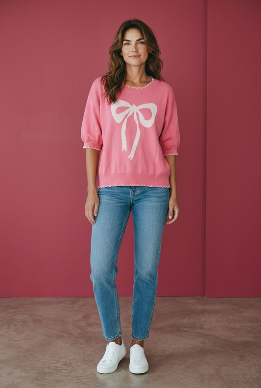 Pink Sweater with White Bow