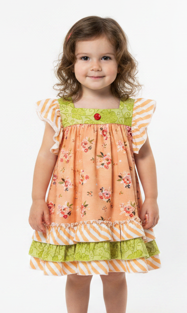 Girl's Orange Floral Dress with Tiered Ruffle Skirt